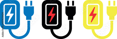 Three differently styled electric charging outlets with plugs