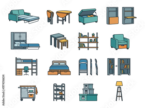 Illustrative set of compact furniture icons for small space living, showcasing versatile home storage and adaptable solutions