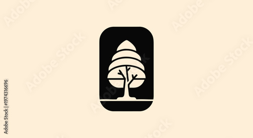 Elegant Black and White Tree Icon Design on Beige Background.