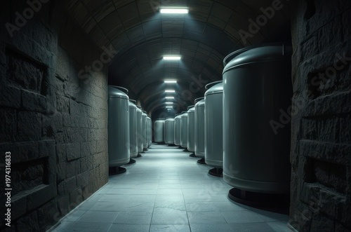 A line of cylindrical storage tanks extends through the dim tunnel, polished surfaces glowing faintly as cold diffused light spreads across stone. Generative AI