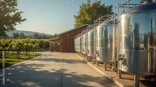 Outdoor winery facility with polished metal reservoirs. Crisp shadows cast on the pavement. Lush viticulture backdrop. Generative AI