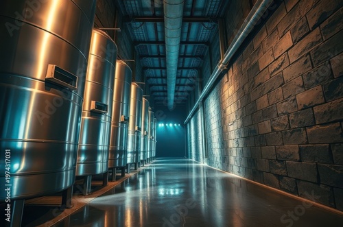 Endless underground vault filled with towering stainless steel tanks, reflective surfaces catching cold ambient glow across atmospheric stone walls. Generative AI