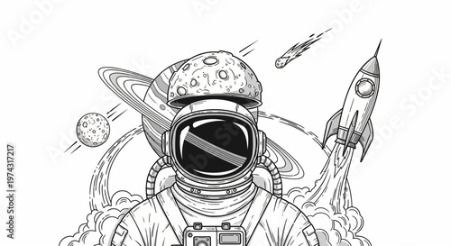 Astronaut in space with planets and rocket.