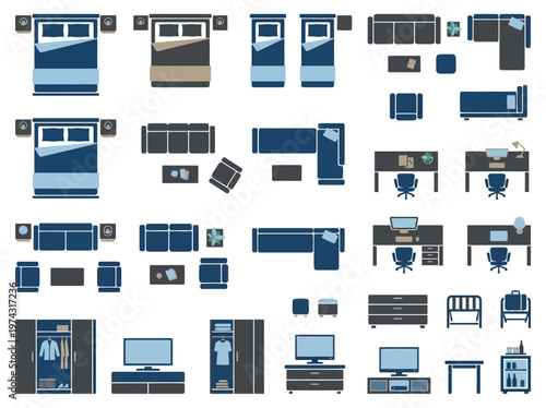 Top-down modern furniture symbols for interior space planning. Essential beds, sofas, desks, and storage units for home and office room layouts.