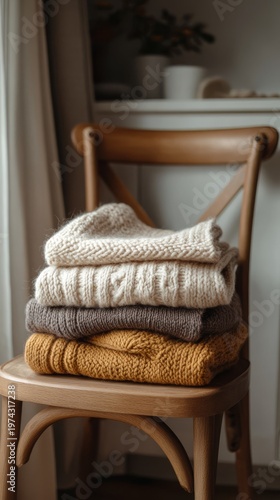 Folded knitwear stack on wooden chair in cozy scene .