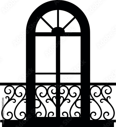 Elegant arched window with decorative wrought iron balcony railing