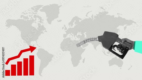 Trendy Halftone art collage global oil price surge and energy crisis concept with rising charts and oil barrels