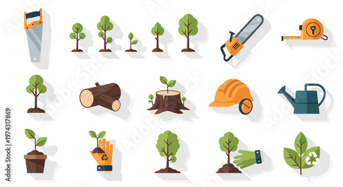 Forestry and ecology icon set with hand saws, growing trees, timber logs, safety gear and gardening tools on white background, symbolizing reforestation and illustrating wood industry