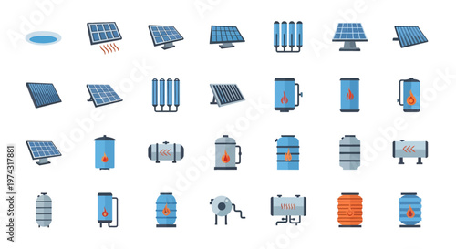 Collection of flat solar panels and water heating tank icons with thermal symbols on a white background, Represents sustainable energy solutions, illustrating modern home plumbing systems
