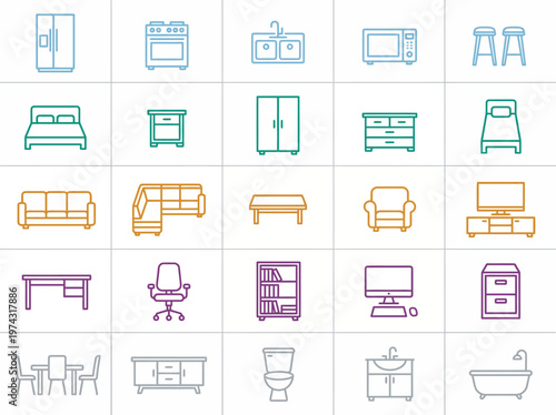 A set of color-coded line art icons depicting multi-functional furniture and essential household appliances for interior layouts.
