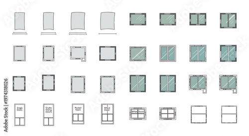 Detailed collection of various architectural door and window symbols for technical floor plans, illustrating professional building layout design and modern residential construction projects
