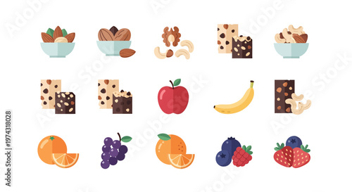 Flat vector illustration set of healthy snacks featuring assorted nuts granola bars and fresh fruits like berries and apples, providing visual aids for nutrition and representing wellness