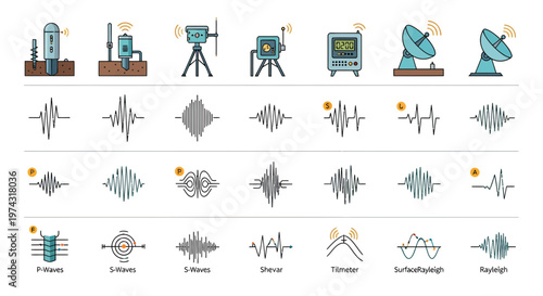 Seismic monitoring equipment icons and earthquake wave patterns including p-waves and s-waves, providing educational geology materials, illustrating scientific disaster detection systems