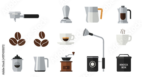 Collection of professional flat coffee brewing equipment icons including portafilter, tamper, milk pitcher and grinder, illustrating barista tools and symbolizing coffee shop branding