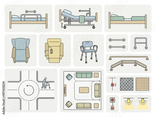Comprehensive icon set illustrating elderly-friendly home adaptations, featuring accessible furniture, safety features, and layout plans for seniors' independent living and assistance.
