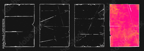 Vintage paper fold frame overlay old worn edge grunge texture collection. Perfect overlay set for retro album cover, old vinyl records, distressed poster design with authentic aged effect.