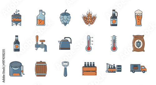 Collection of flat vector beer brewing equipment icons including bottles, hops, grain, fermentation tanks and production machinery, covering craft brewery branding or industry marketing