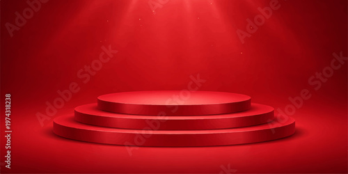 A 3D illustration of an empty round plastic podium with a red carpet on stage featuring a metal circle plate design and a glowing spotlight object