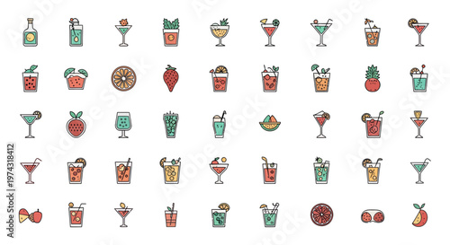 Set of various colorful cocktail and refreshing fruit drink icons in minimalist line art style, illustrating restaurant menu design and representing tropical bar beverage promotion
