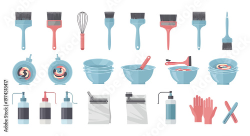 Collection of professional hair coloring equipment set including brushes bowls and whisk on white background, illustrating salon professional hair dye services and providing essential beauty tools