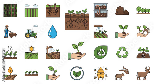 Flat agricultural icons depicting organic farming processes like composting and planting, illustrating sustainable gardening practices and environmental conservation