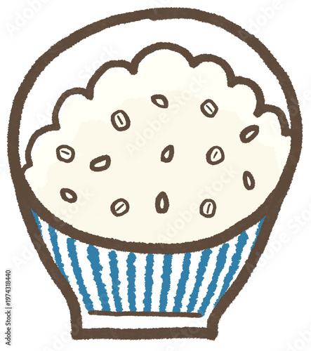 青い縞のお茶碗に入った手描き風のもち麦ごはん、シンプルにかわいくデフォルメしたイラスト　Hand-drawn Japanese barley rice in a bowl.