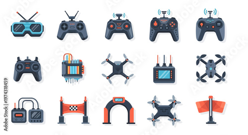Flat vector icons collection of drone racing equipment including FPV goggles remote controllers quadcopters and racing gates, illustrating tech sports gear and provides hobbyist visual assets