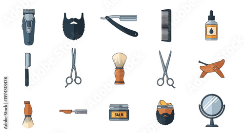 Collection of barbershop equipment icons including scissors clippers straight razor and hair grooming products, representing mens grooming services or illustrating barber shop branding design