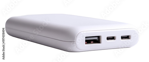 A compact power bank close-up showing USB port, representing mobile charging and portable energy solutions.