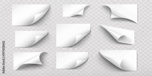 Vector illustration of a set of blank white paper stickers and empty 3d labels with a curled corner shadow effect for web design elements