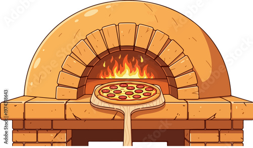 Traditional brick pizza oven with wood fire, pepperoni pizza on wooden peel, rustic stone oven vector illustration for restaurant menu design