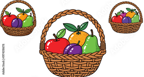 Wicker fruit basket vector illustration, cartoon harvest basket with apple pear orange and plum, set of 3 colorful fruit hampers for grocery design