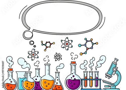 Science laboratory equipment vector illustration, chemistry research glassware with speech bubble, colorful lab experiment icons and microscope