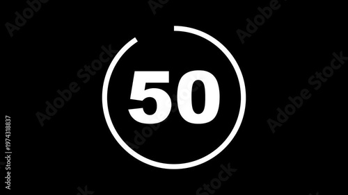 Circle countdown timer one minute animation from 55 to 0 second animation with alpha channel, 55 second countdown timer, Countdown video on black background.