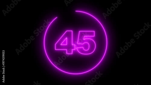 Neon Circle countdown timer animation from 50 to 0 second animation on black background with alpha channel, 50 seconds countdown timer. Neon bright glowing countdown timer from 50 to 0 seconds.