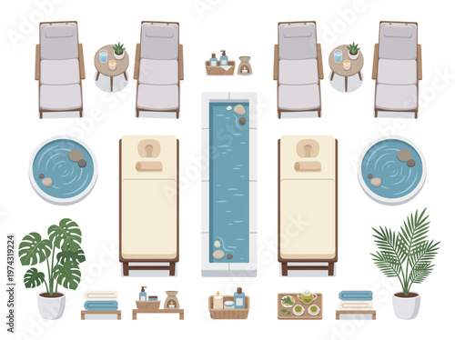 Overhead illustration of a serene luxury spa layout, featuring wellness furniture, relaxation baths, and therapeutic accessories