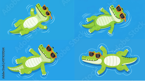 Cute cartoon crocodile floating in water, set of 4 green alligator characters with sunglasses, summer vacation reptile vector illustration
