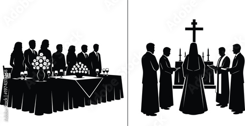 Wedding reception and church ceremony silhouettes, marriage celebration concept, bride groom priest guests illustration, love religion event isolated on white background