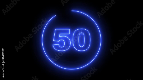 Neon Circle countdown timer animation from 55 to 0 second animation on black background with alpha channel, 55 seconds countdown timer. Neon bright glowing countdown timer from 55 to 0 seconds.