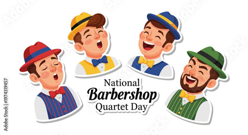 Celebrating National Barbershop Quartet Day, a cheerful vector illustration showcases four male cartoon singers in vintage attire, harmonizing a cappella, with bright, joyful colors
