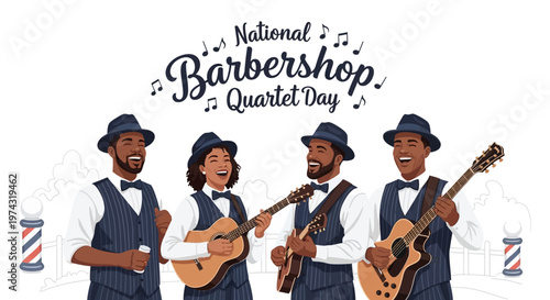 Celebrating National Barbershop Quartet Day, a cheerful vector illustration showcases a diverse male vocal quartet harmonizing with guitars against a clean backdrop, embodying a vintage