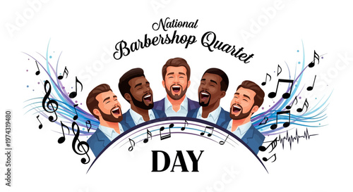 Celebrating National Barbershop Quartet Day with a vibrant vector illustration showcasing five male vocalists harmonizing in the barbershop style, set against a white background adorned