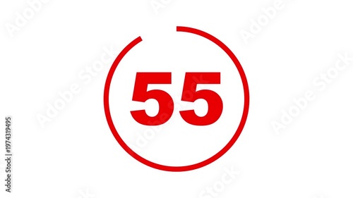 Circle countdown timer one minute animation from 60 to 0 second animation with alpha channel, 60 second countdown timer, Countdown video on black background. 60 seconds countdown timer animation.