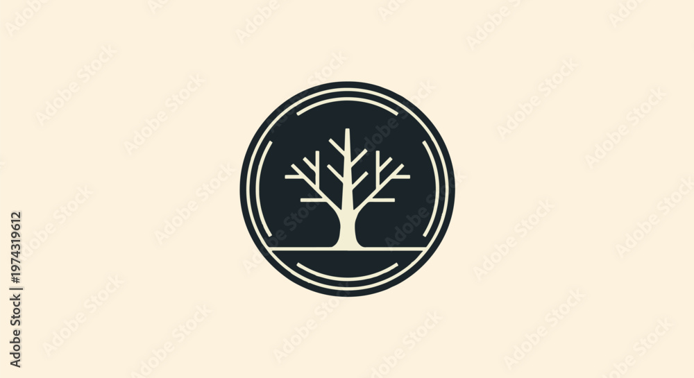 Fototapeta premium Elegant Tree Silhouette Inside a Circular Frame on Cream Background.