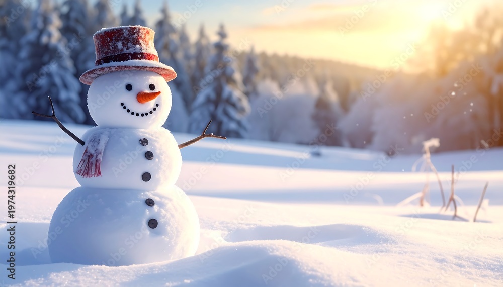 Obraz premium A cheerful snowman in a snowy field