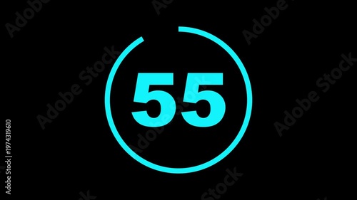 Circle countdown timer one minute animation from 60 to 0 second animation with alpha channel, 60 second countdown timer, Countdown video on black background. 60 seconds countdown timer animation.