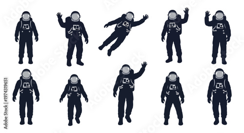 Astronauts in various poses isolated on white.