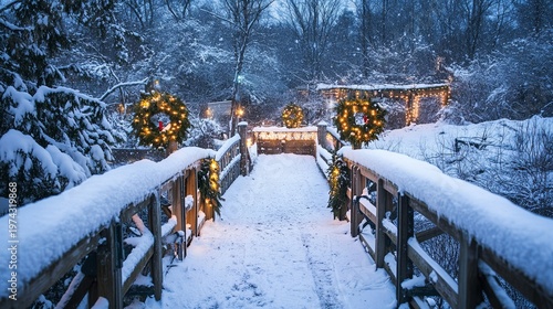 Snow-covered bridge with festive lights and wreaths on the railing .