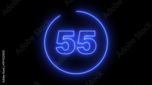 Neon Circle countdown timer animation from 60 to 0 second animation on black background with alpha channel, 60 seconds countdown timer. Neon bright glowing countdown timer from 60 to 0 seconds.