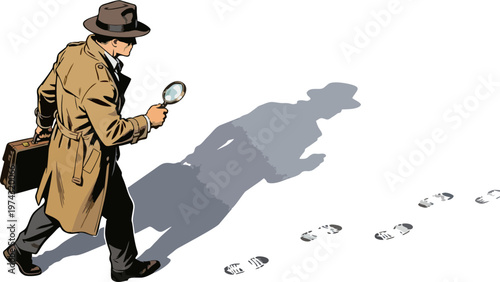 Detective Following Footprints with Magnifying Glass — Retro Comic Style Illustration